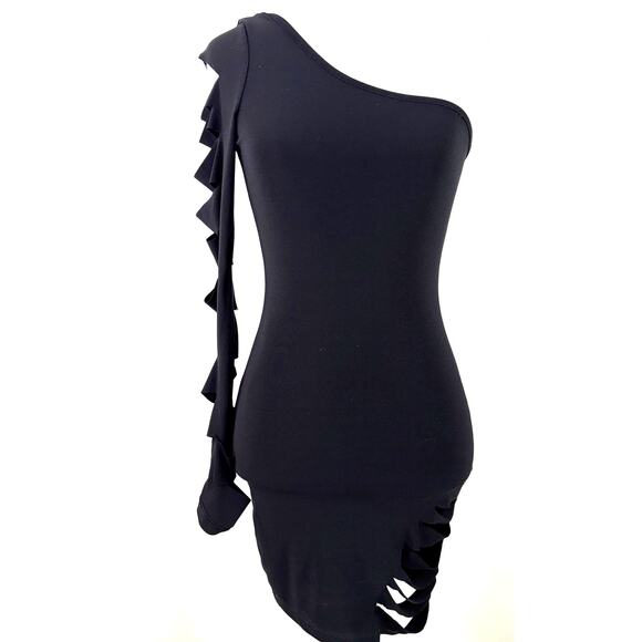 Vegas Royalty Black One Shoulder Cutout Mini Bodycon Dress Size Small - Picture 1 of 9
